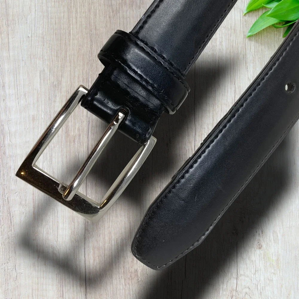 Black Bonded Vegan Leather Dress Belt Men's Sz 48 Silver Buckle Hardware